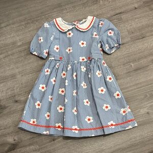 Mini Boden Blue and White Striped Daisy Dress with Red Accents